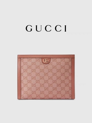 کیف کلاچ گوچی چرمی مینی صورتی بوم Ophidia Gucci با بسته شدن زیپ