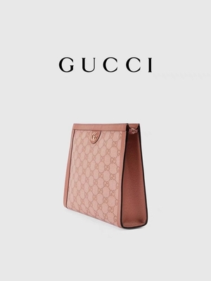کیف کلاچ گوچی چرمی مینی صورتی بوم Ophidia Gucci با بسته شدن زیپ