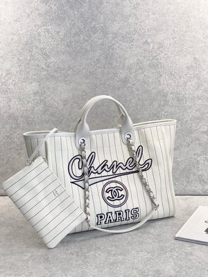 کیف 30 سانتی متری 23P Chanel Deauville Tote Ecru White Ecru Black Strape