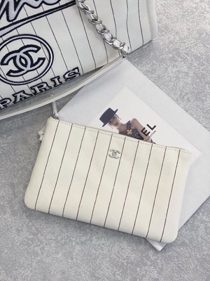 کیف 30 سانتی متری 23P Chanel Deauville Tote Ecru White Ecru Black Strape